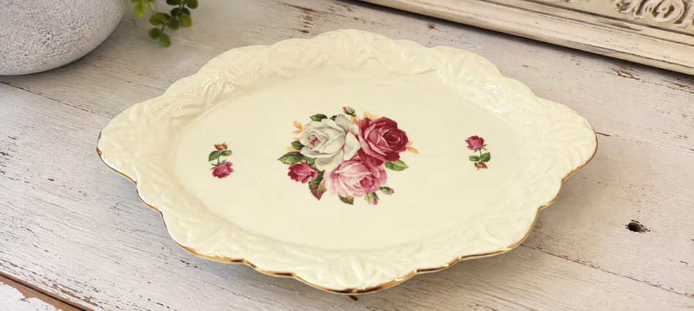 Vintage Porcelain Rose Vanity Tray Decorative Floral Platter Shabby Chic Gold...